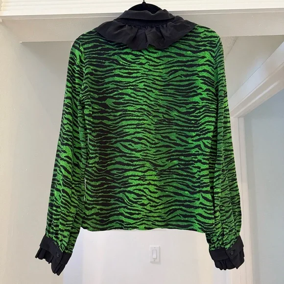 KENZO x H&M Green Tiger Print Silk Ruffle Collar Long Sleeve Button Up Blouse 2 - Picture 15 of 16